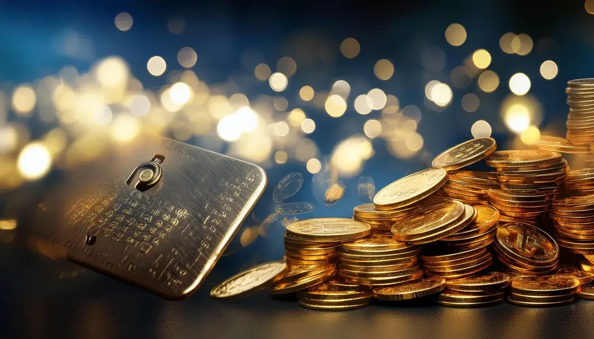 Gold payment card and stacked coins for Skyexchange deposits and withdrawals