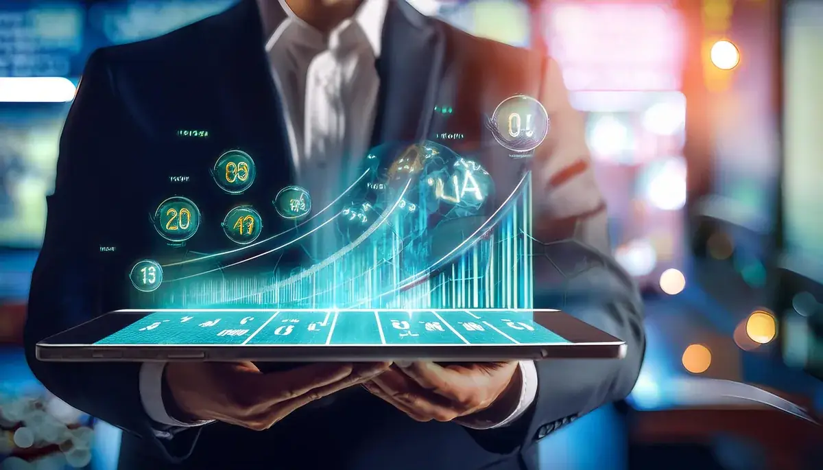 Businessman with tablet and floating charts explaining Skyexchange terms