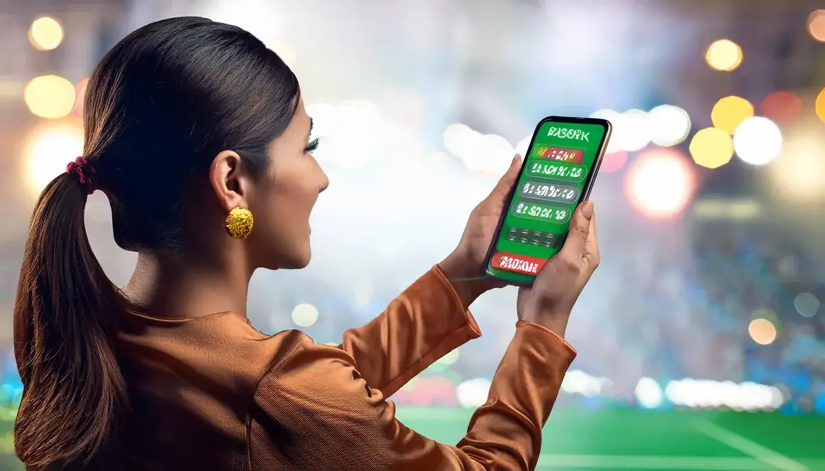 Woman holding her phone at a stadium for Skyexchange mobile login
